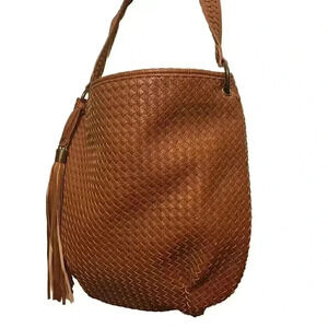 Sondra Roberts Squared Handbag Hobo Brown Weave Faux Leather Purse Shoulder Bag